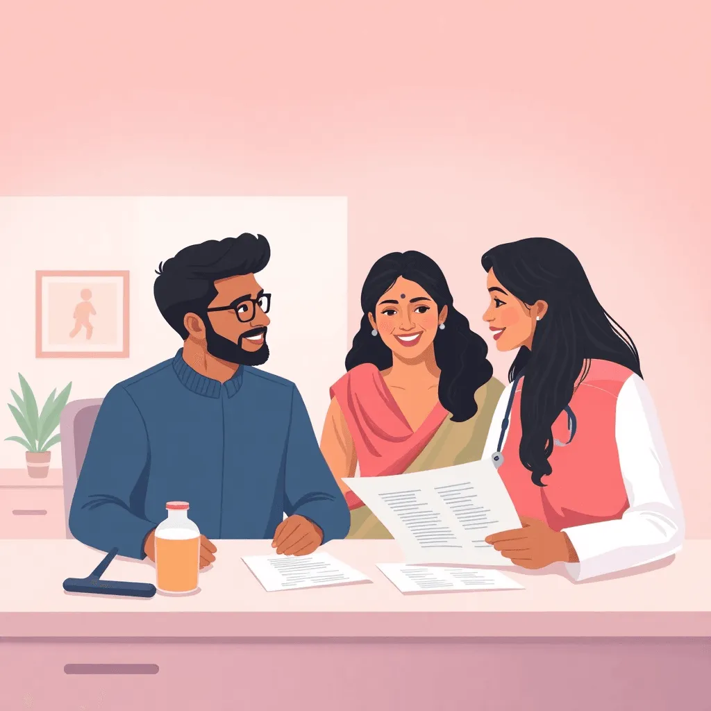 Indian couple at fertility clinic consultation with doctor, reviewing treatment options at desk, warm soft clinical setting, hopeful supportive mood.