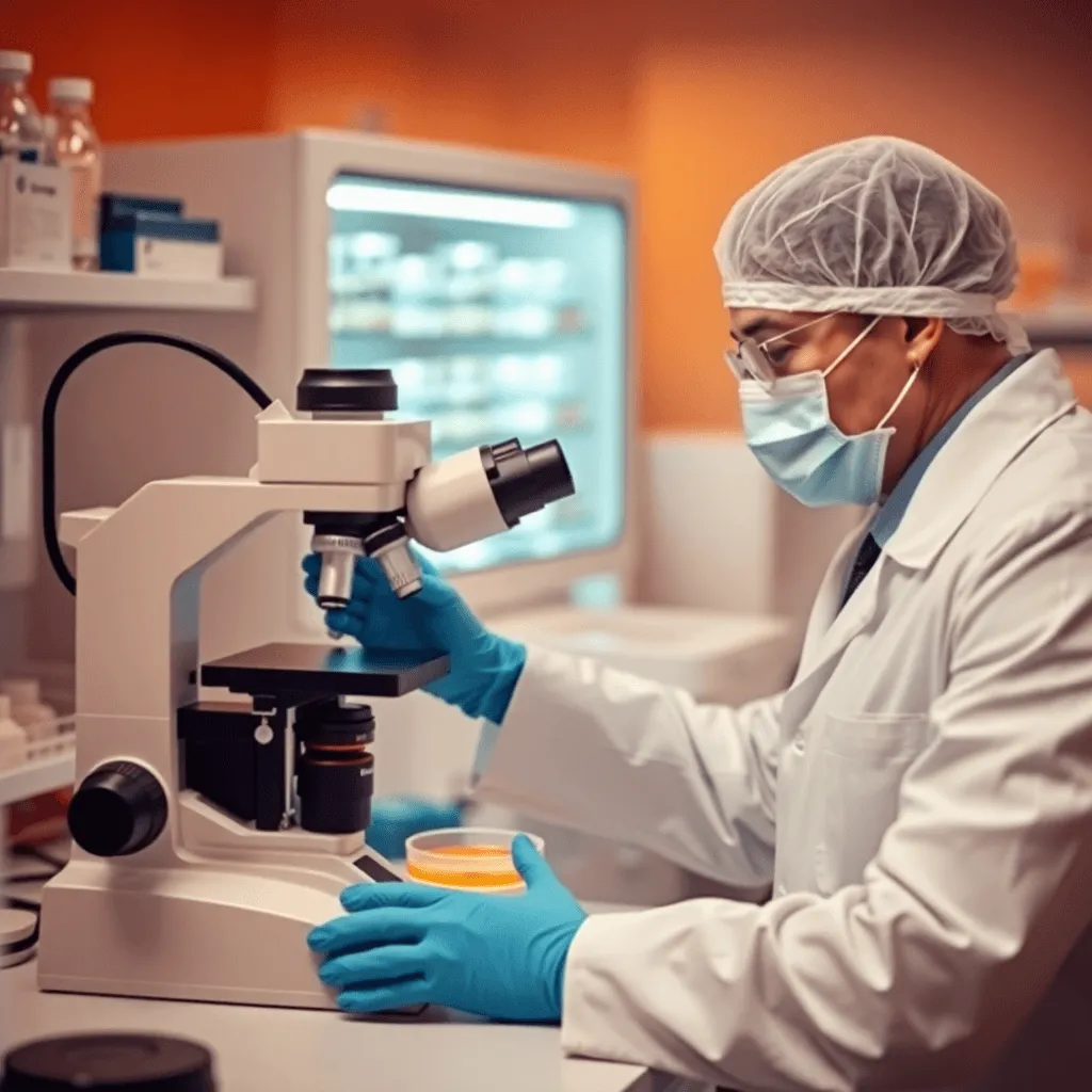IVF laboratory embryologist working at microscope with embryo culture dishes, clean sterile lab environment.
