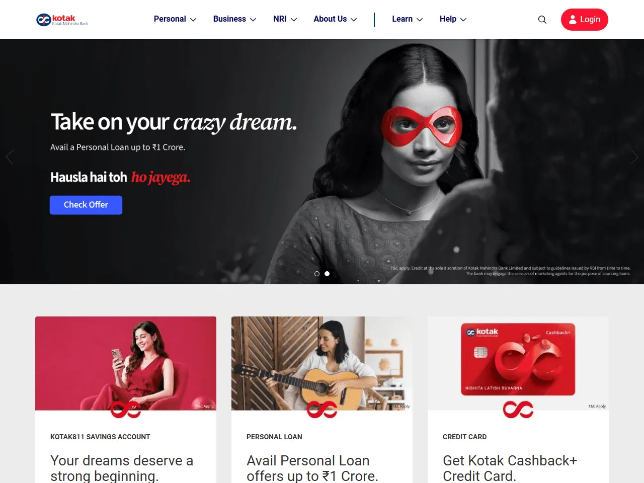 Kotak Mahindra Bank website home page